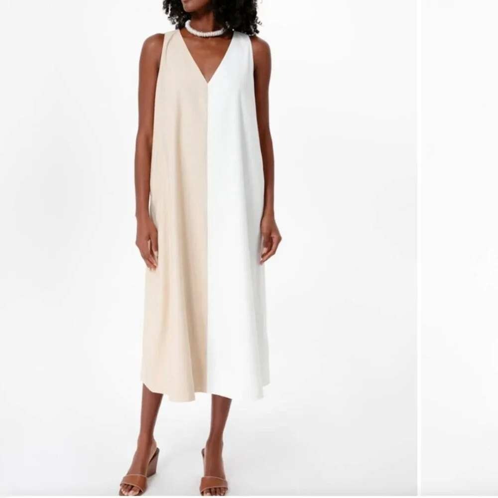 NWT Tuckernuck Pomander Place 2 Tone White & Tan Sallie Midi Dress, Size L, $138